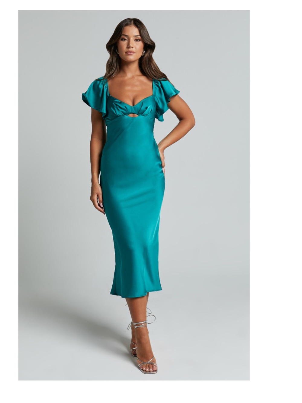 Showpo Teal Satin Midi Dress with Flutter Sleeves